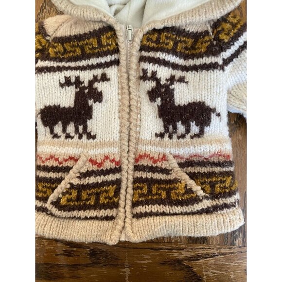 Hand-Knit Wool Toddler Sweater With Moose Pattern Beige & Brown Colors Fleece Li - Picture 2 of 9